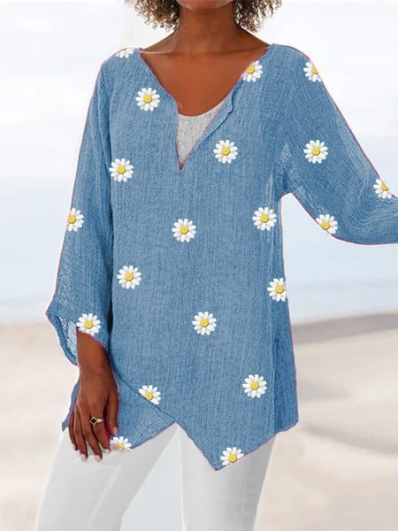 

Holiday 3/4 Sleeve Shift V Neck Tops, Blue, Tops