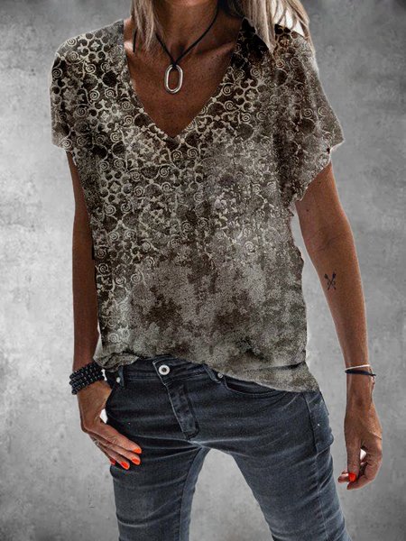 

Dritto Tribale Maniche Corte Top, Grigio, Blouses & Shirts