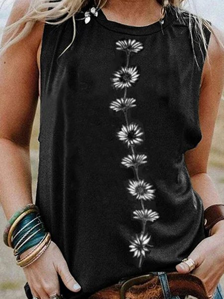 

senza maniche Semplice & Di base Stampato Misto Cotone Camicie & Top, Nero, Blouses & Shirts