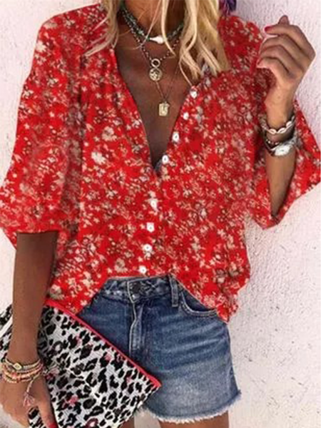 Maniche Corte Floreale Girocollo Stampato Floreale Top, Rosso, Tops