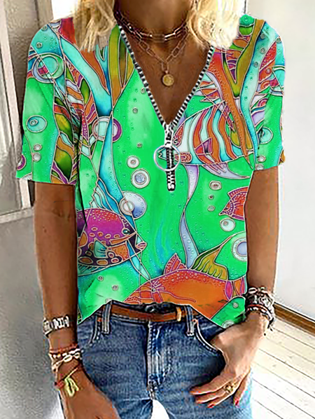 

Plus size Printed Short Sleeve Shirts & Tops, Green, Tops