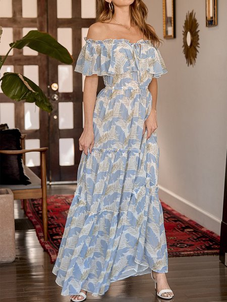 

Beach Floral Off Shoulder Maxi Dress, Blue, Maxi Dresses