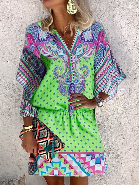 

Mezza Manica Tribale Abito, Verde, Dresses