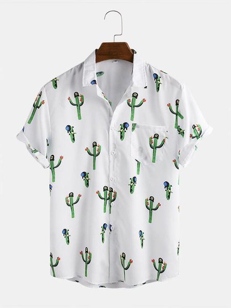 

Men Short Sleeves Lapel Cactus Printed Shirt, White, Men's Floral shirt