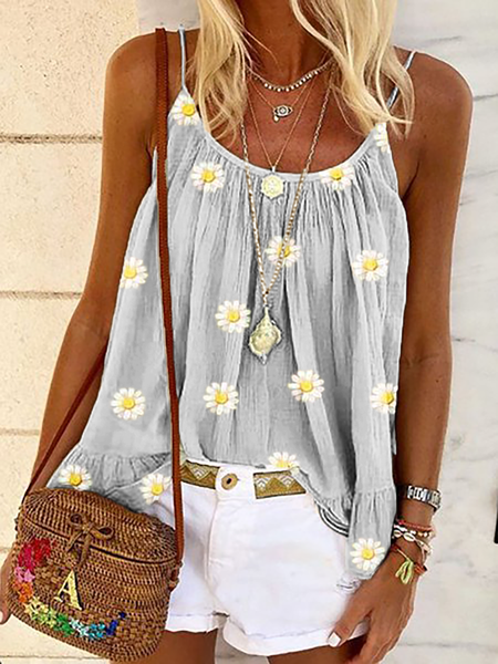 

Plus size Floral Sleeveless Casual Printed Shirts & Tops, Gray, Printed T-shirts