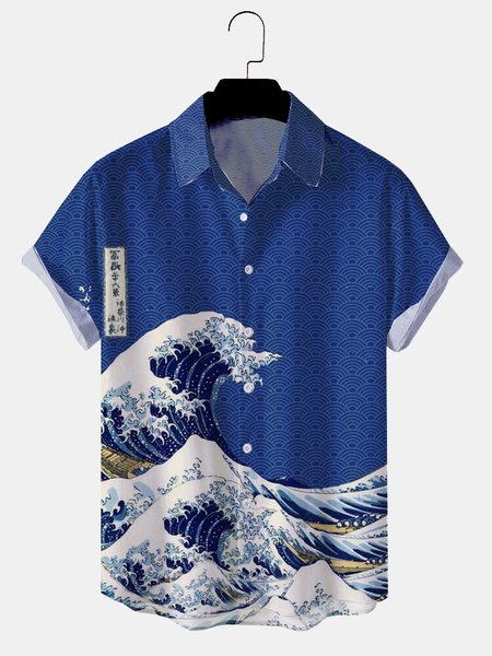 

Mens Holiday Ukiyo Wave Graphic Print Lapel Shirts, Blue, Men's Floral shirt
