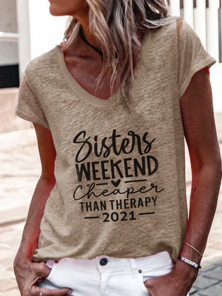 

Scollo a V Lettera Casuale Misto Cotone Camicie & Top, Cachi, Tops