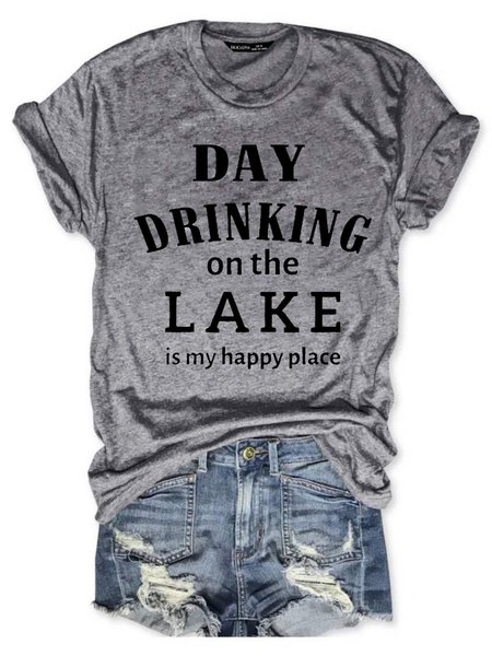 

Day Drinking On The Lake Is My Happy Place Graphic T-Shirt, Gray, T-shirts