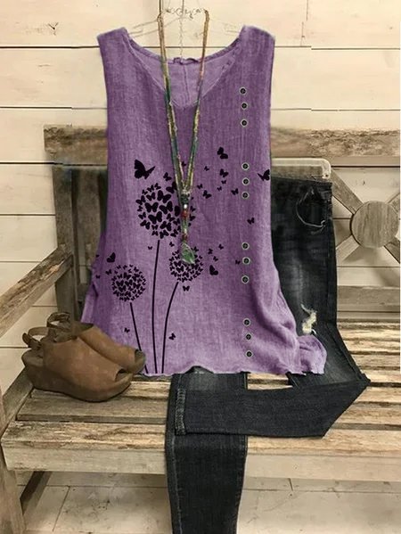 

V Neck Casual Cotton Floral Shirts & Tops, Purple, Tops