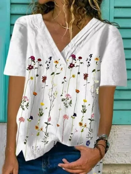 

Holiday V Neck Floral Short Sleeve Tops, White, Tops