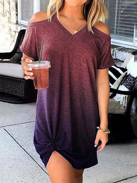 

Gradient Cold Shoulder V-Neck Mini Dress, Wine red, Casual Dress