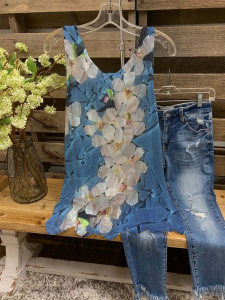 

Sleeveless Printed Crew Neck Cotton Tops, Blue, Blouses & Shirts