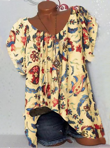 

Plus size Vintage Short Sleeve Floral Shirts & Tops, Yellow, Tops