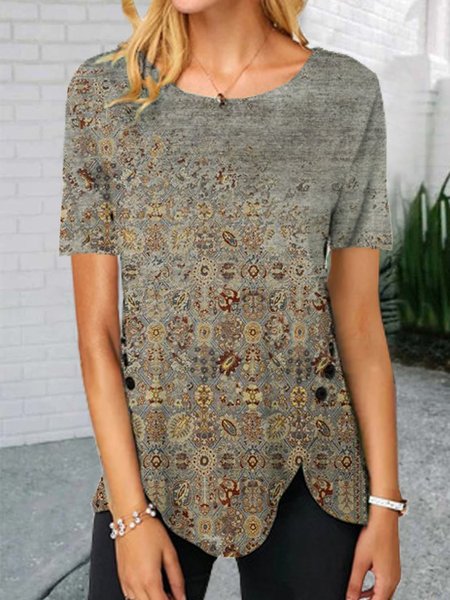 

Paisley Maniche Corte Stampato Misto Cotone Girocollo Vintage Estate Cachi Superiore, Dresses