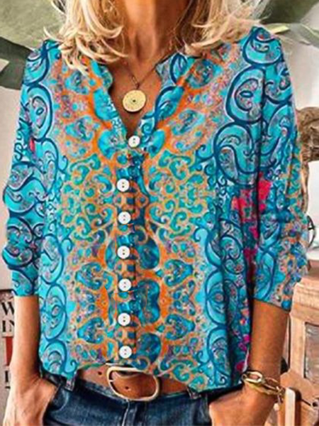

Casuale Maniche Lunghe Scollo a V Top, Blu, T-Shirts