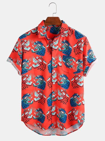 

Mens Funny Tiger Printing Collar Casual Shirts, Red, Men's Floral shirt