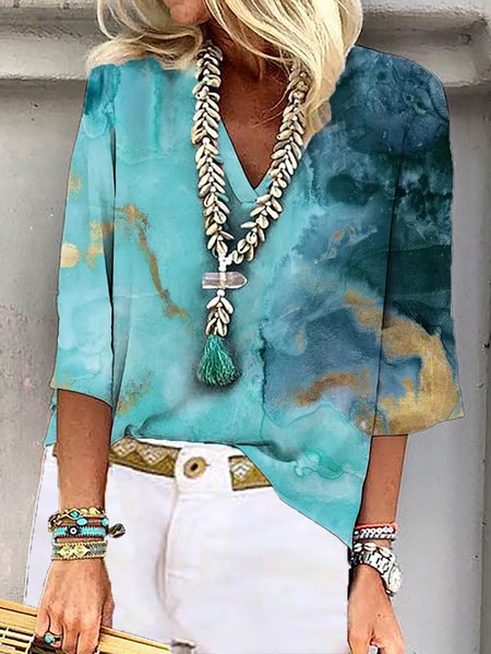 

Dritto Scollo a V 3/4 Manica Camicie & Top, Verde, Blouses & Shirts