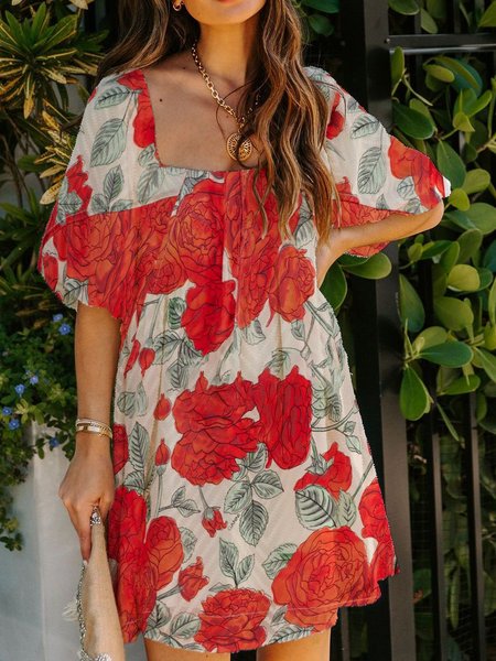 

Casual Cotton-Blend V Neck Dresses, Red, Floral Dress