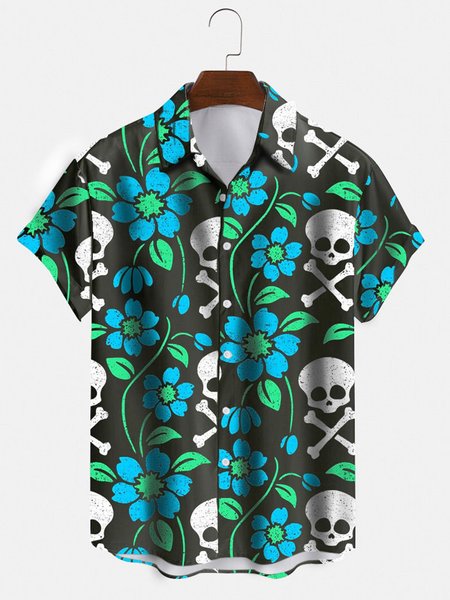 

Skull Cotton Blends Short Sleeve Men's Floral Shirt, As picture, Men's Floral shirt