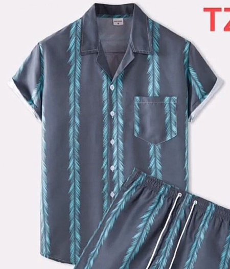 

2021 ethnic retro striped Hawaiian shirt, Gray, Short Sleeves Shirts