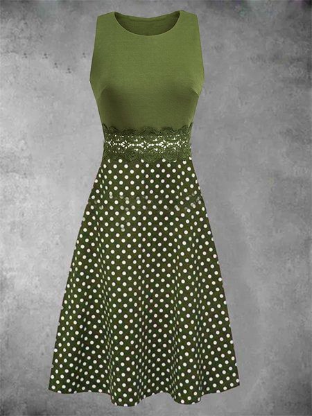 

Sleeveless Guipure Lace Polka Dots Crew Neck Weaving Dress, Green, Auto-Clearance