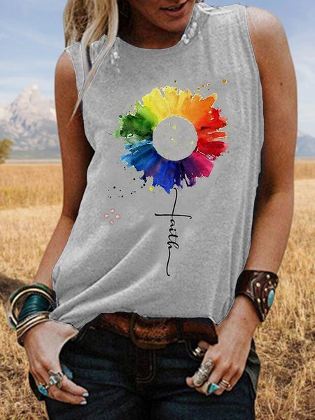 

Crew Neck Vintage Printed T-shirt, Light gray, Tanks & Camis