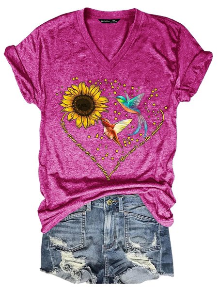 

Sunflower Hummingbird V Neck Animal Casual Short Sleeve Woman's T-shirt, Rose red, T-shirts