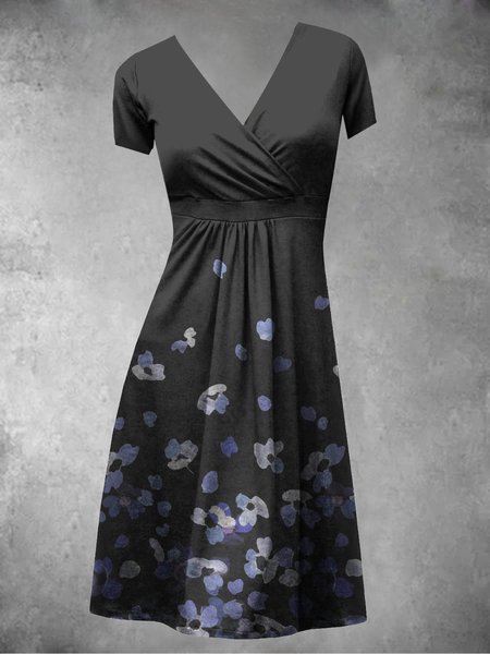 

2021 Estate Casuale Contrasto Colore Stampa Scollo a V Casuale Stampato Floreale Abito, Nero, Casual Dresses