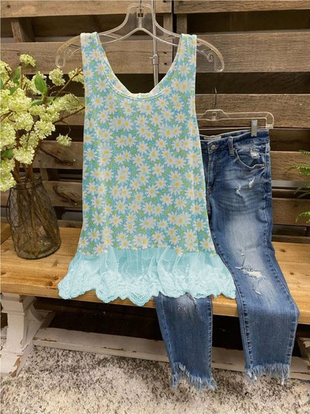 

Floral Crew Neck Shirts & Tops, Blue, Auto-Clearance