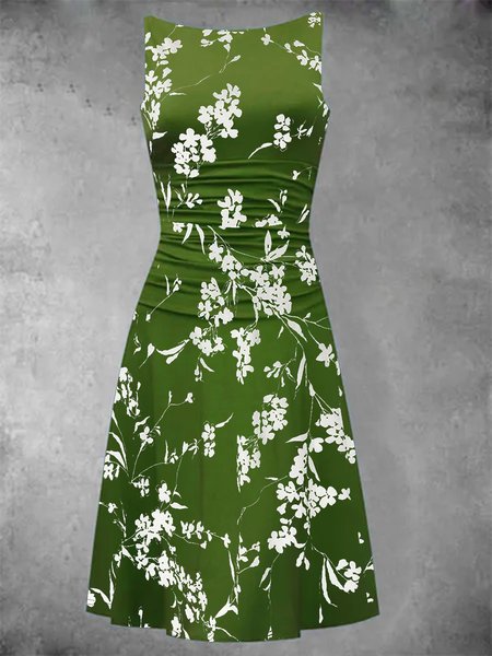 

Cotton-Blend Floral-Print Elegant Knitting Dress, Green, Midi Dresses