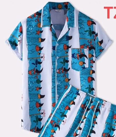 

2021 ethnic retro striped Hawaiian shirt, Blue, Short Sleeves Shirts