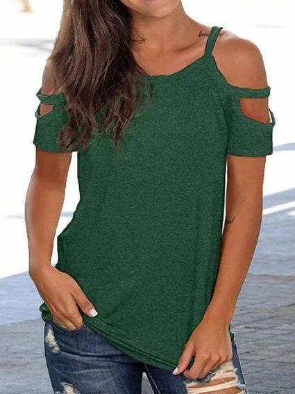 

Off Shoulder Casual Short Sleeve Tops, Green, T-Shirts