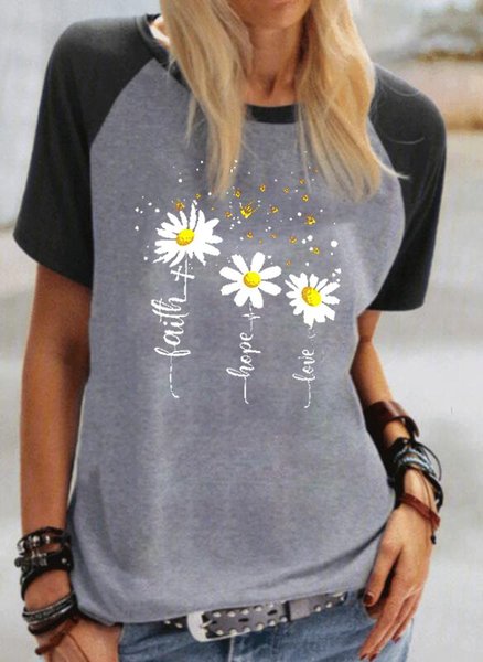 

Short Sleeve Casual Sunflower Color-Block T-shirt, Gray, Tees & T-shirts
