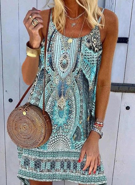 

Women Sleeveless A-Line Tribal Mini Weaving Dress, Blue, Mini Dresses