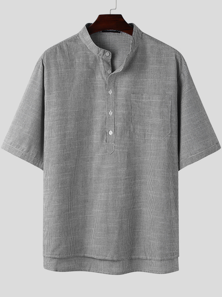 

Mens Linen Solid Color Pinstripe Stand Collar Casual Short Sleeve Henley Shirt, Gray, Men's shirts