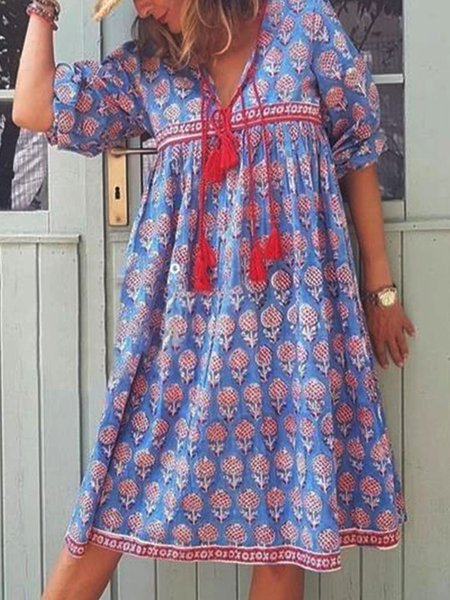 

Vintage Tassel Geometric Printed V Neck Plus Size Casual Dresses, Lightblue, Dresses
