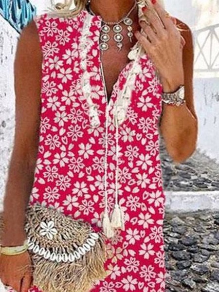 

Vintage Tassel Floral Printed Sleeveless V Neck Plus Size Casual Dresses, Red, Dresses