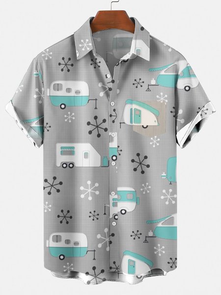 

Men's National Style Short Sleeve Casual Loose Shirt, Gray, Men's Floral shirt