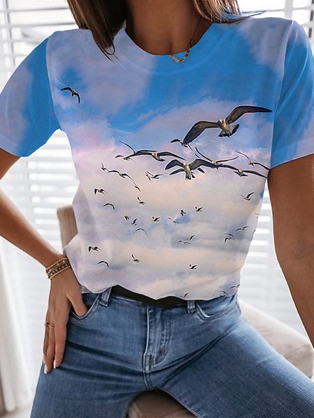 

Short Sleeve Casual Animal T-shirt, White-blue, T-Shirts