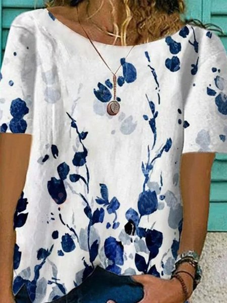 

Printed Crew Neck Vintage Short Sleeve Tops, White, Blouses & Shirts