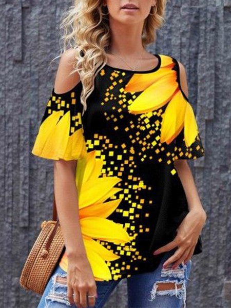 

Cold Shoulder Floral Tops, Yellow, T-Shirts