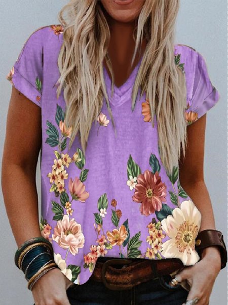 

Women Cotton Casual V Neck Floral-Print Short Sleeve Shirts, Purple, T-Shirts