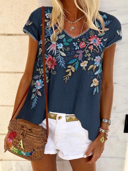 

Bohemian Cotone Maniche Corte ricamato Camicie & Top, Blu intenso, Blouses & Shirts