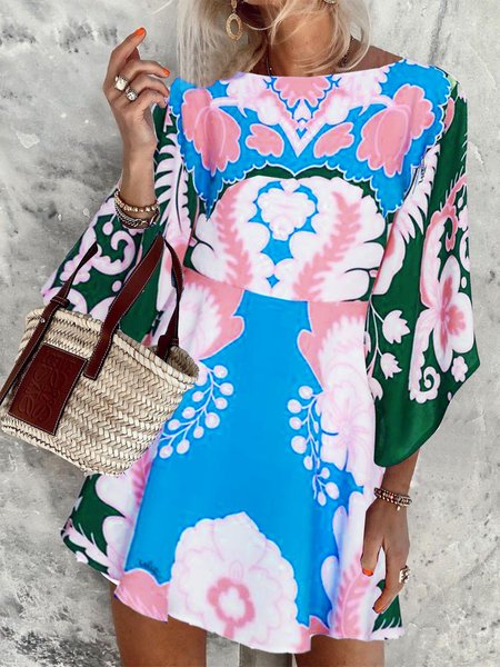 

Abito Mezza Manica Girocollo, Azzurro, Dresses