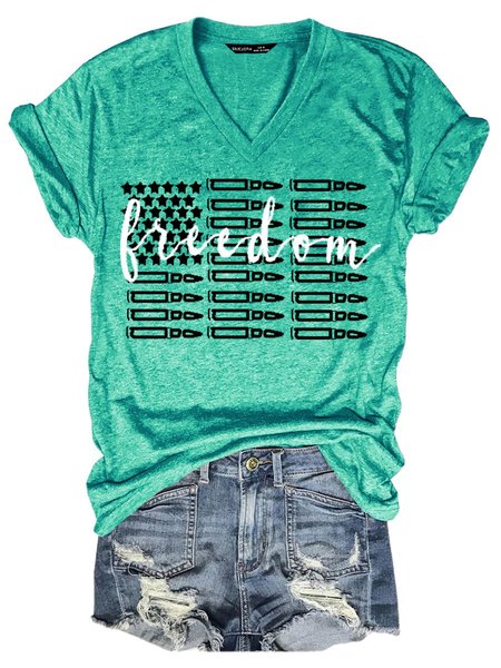

Freedom American Flag Women's V Neck T-Shirt Top, Grass green, T-shirts