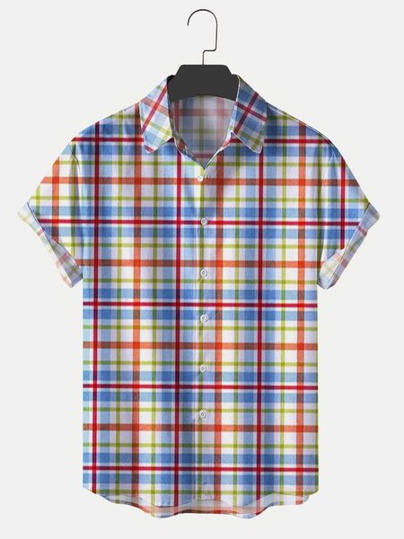 

Mens Vintage Plaid Printed Lapel Shirts, Blue, Short Sleeves Shirts