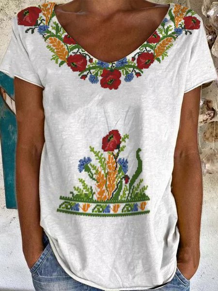 

Cotton V Neck Short Sleeve Shirts & Tops, White, Tops