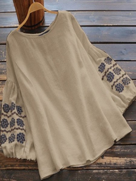 

Vintage Geometric Printed Crew Neck Plus Size Casual Linen Tops, Khaki, Blouses & Shirts