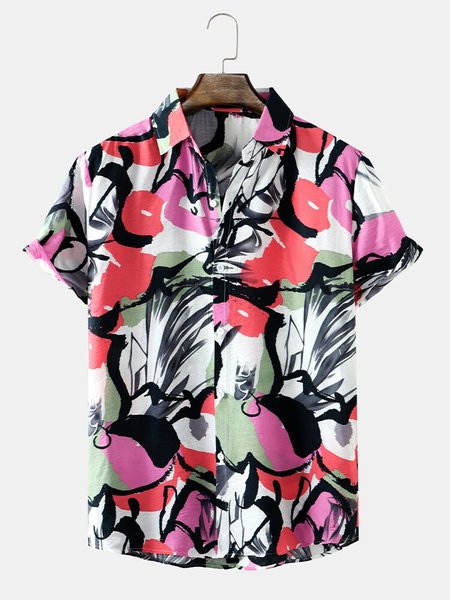 

Mens All Over Watercolor Print Lapel Holiday Short Sleeve Shirts, Pink, Short Sleeves Shirts