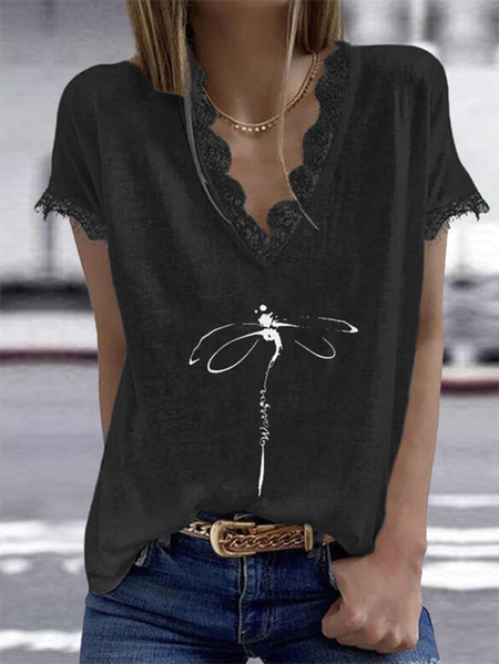 

Stampato Maniche Corte Scollo a V Casuale Top, Nero, Blouses & Shirts
